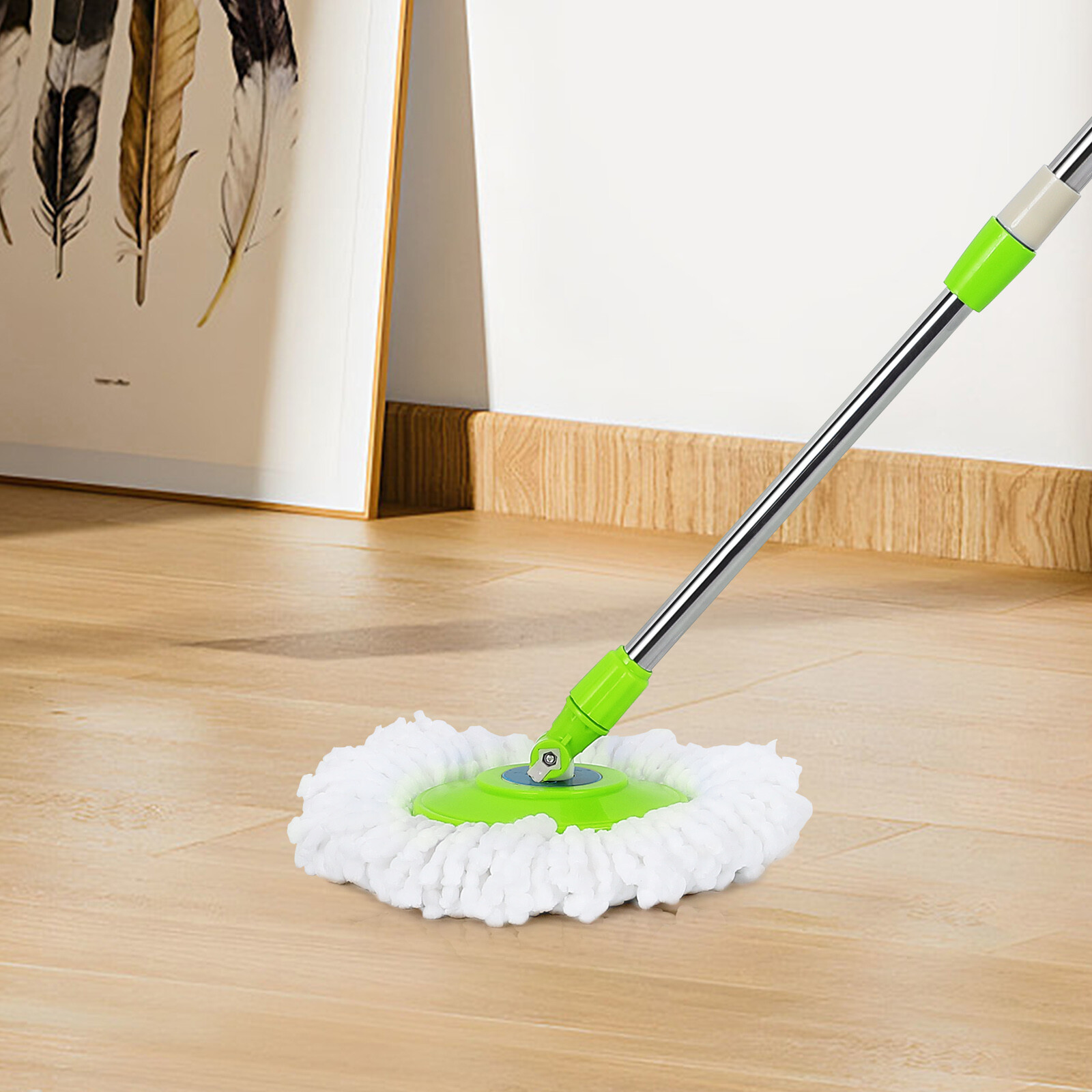 360° Rotating Spin Mop Handle Replacement Adjustable Pole 2 Microfiber Mop Heads