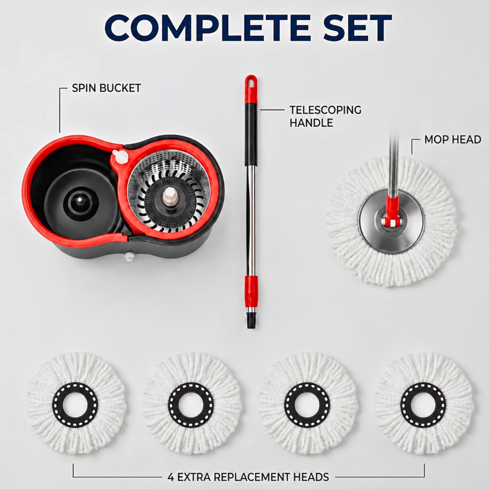 Spin Mop & Bucket Set 360° Rotating Floor Cleaning System with 4 Microfiber Head