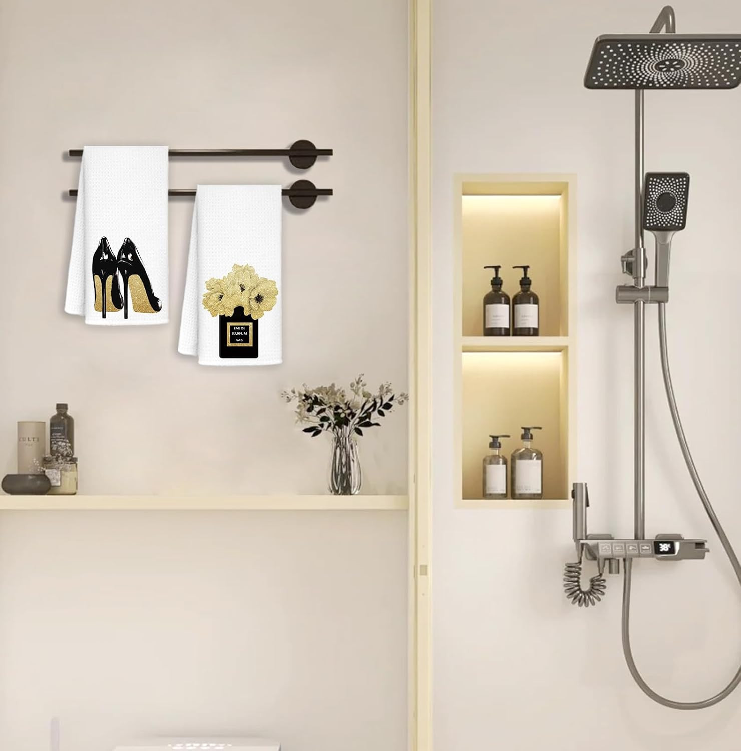Gold and Black Towels for Bathroom Kitchen Decor, Funky Modern Perfume and High