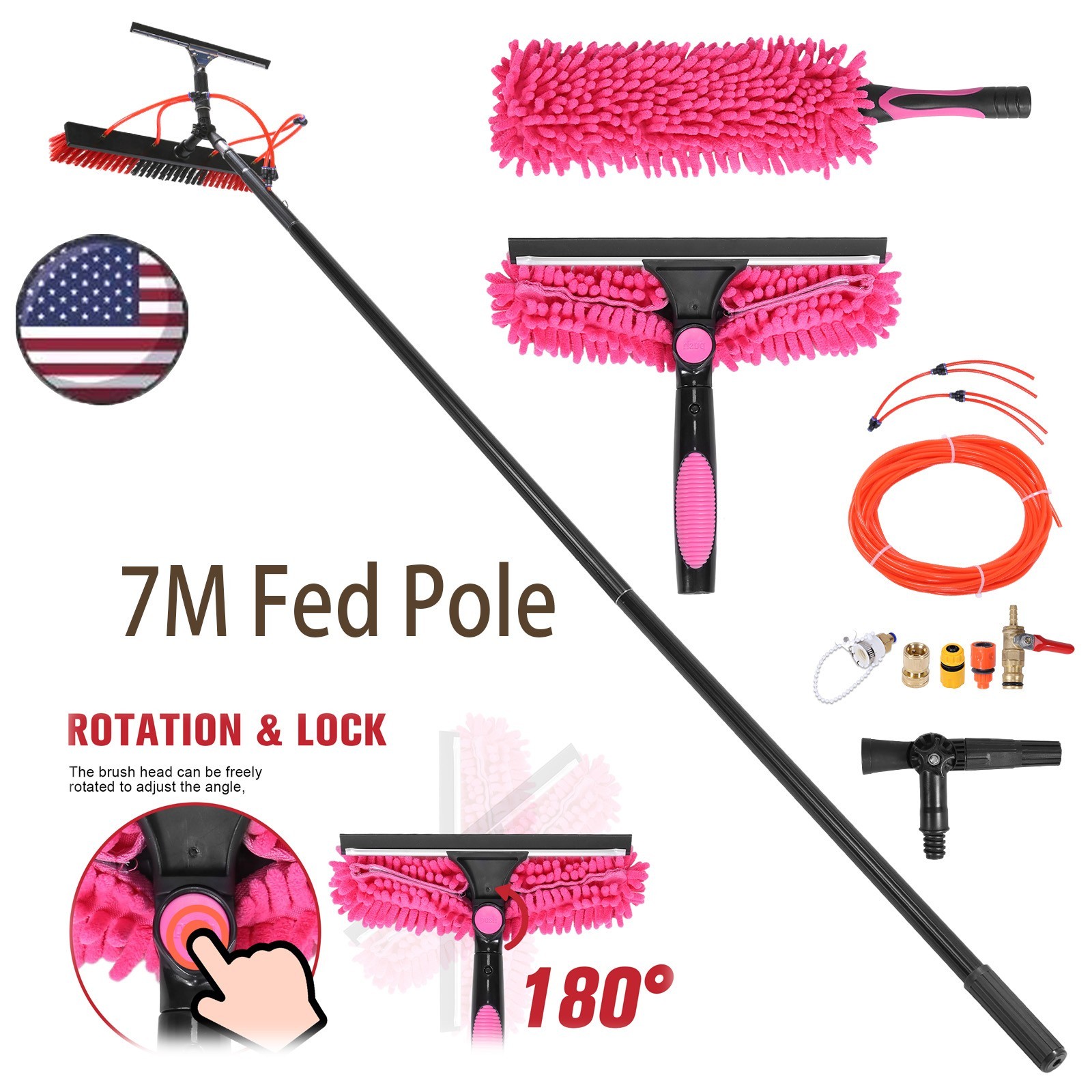 Solar Panel Cleaning Kit with 7M Water Fed Pole, Brush, and Squeegee US