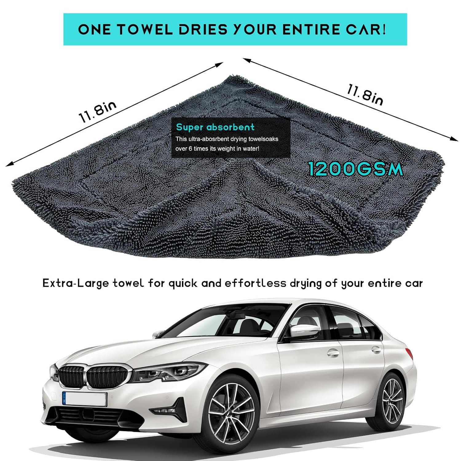 Ultra Thick 1200 GSM Microfiber Towels for Car Wash and Detailing 12.2″ Square
