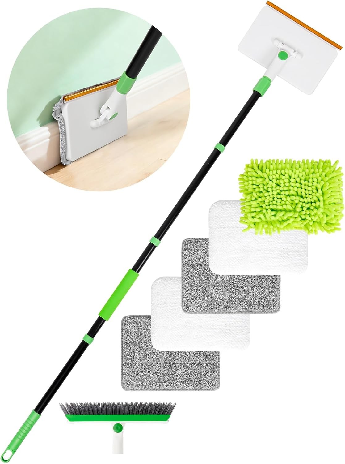 4in1 Baseboard Cleaning Tool with Handle 5 Reusable Pads 1 Stiff Bristle Brush C