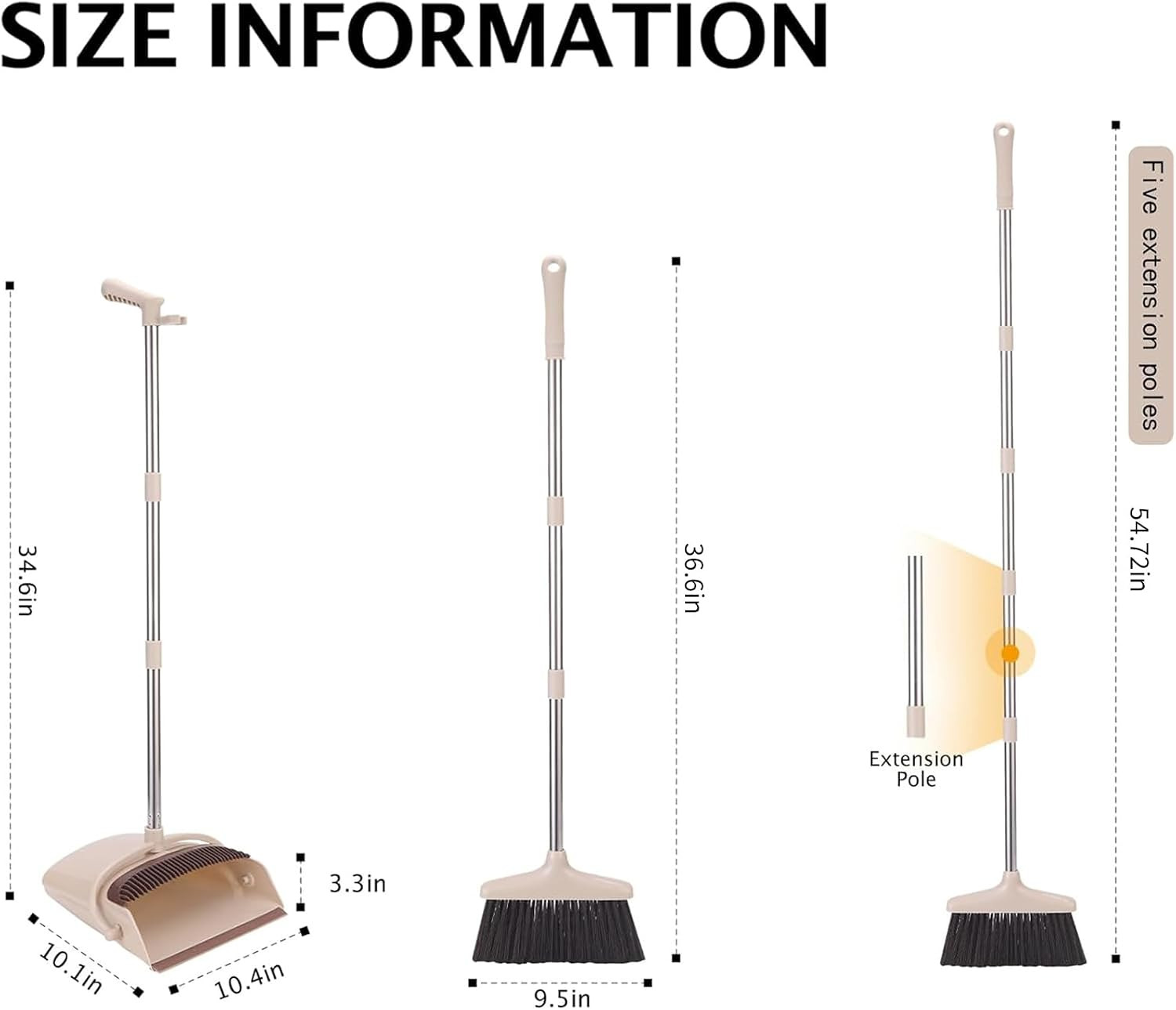 Broom and Dustpan Set with Long Handle, Light Weight Stainless Steel Poles Stand