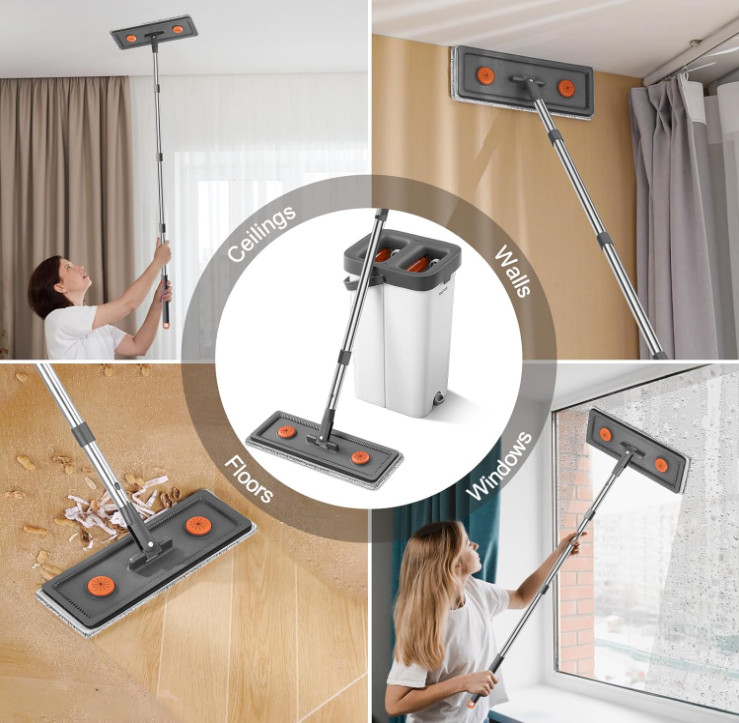 Fregona plana 155cm con cubo escurridor y 4 mopas microfibra lavables hogar