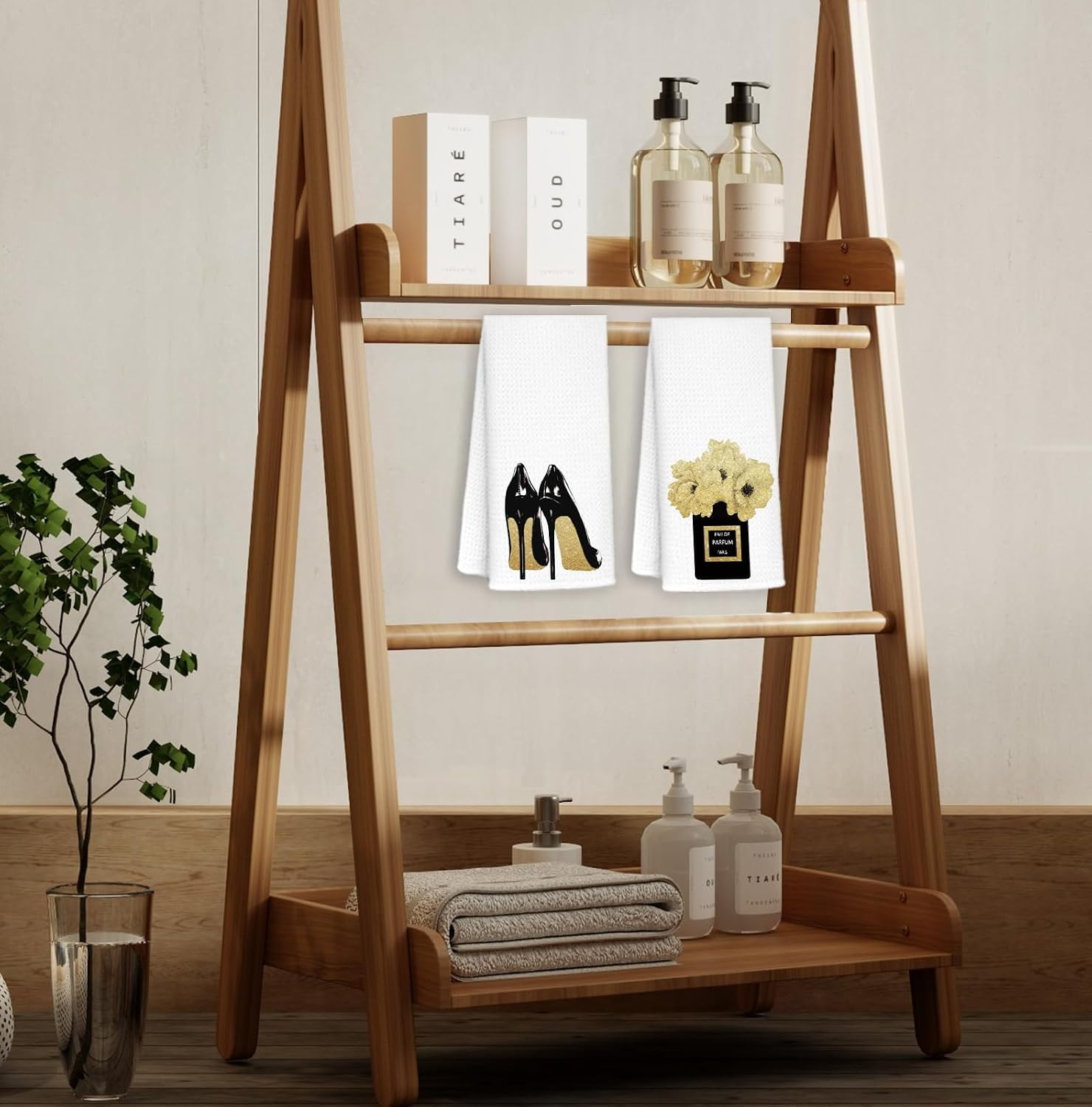 Gold and Black Towels for Bathroom Kitchen Decor, Funky Modern Perfume and High