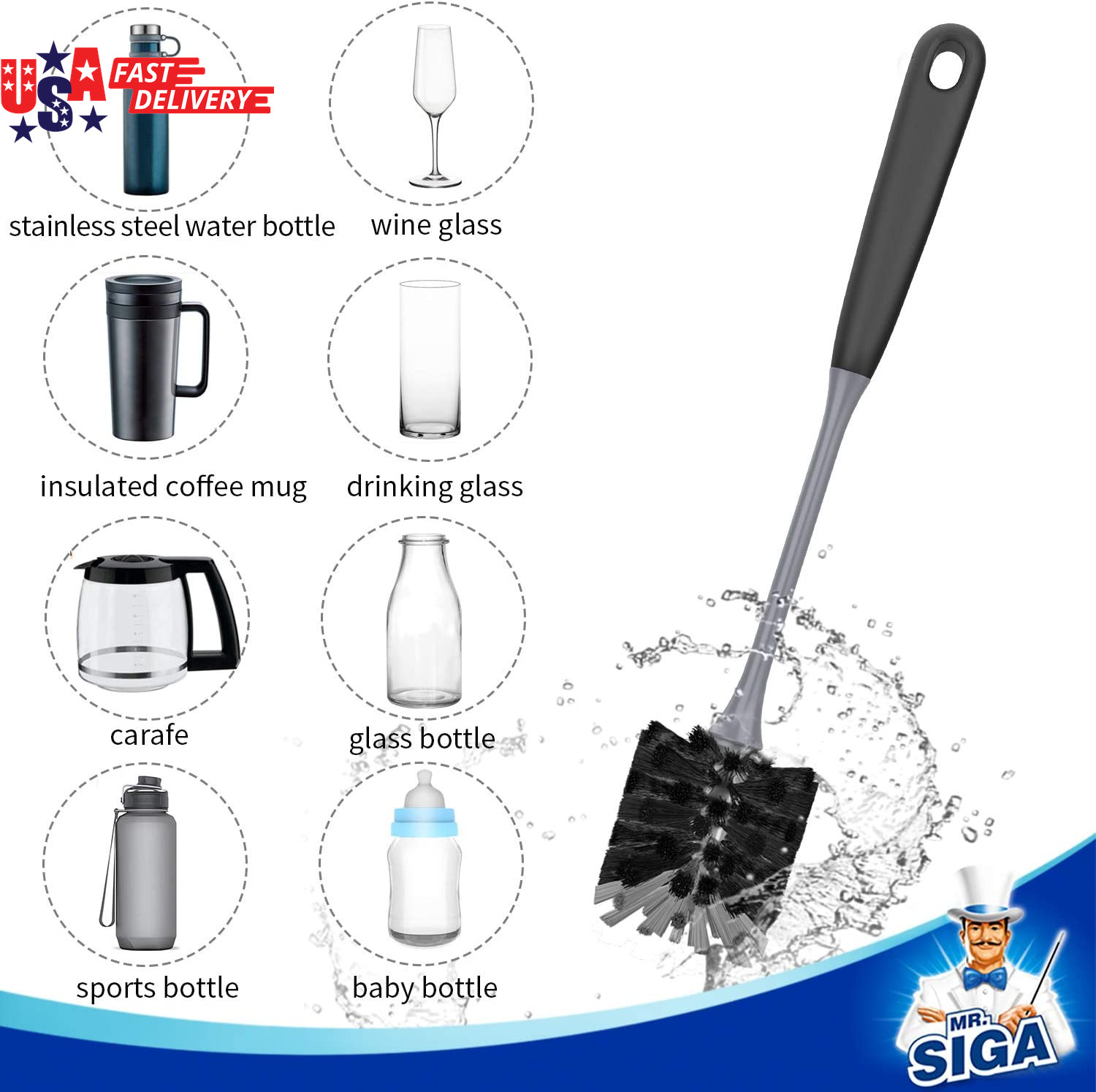 Long Handle Bottle Brush, Flexible Scrub Brush for Water Bottles, Glasswares, Mu