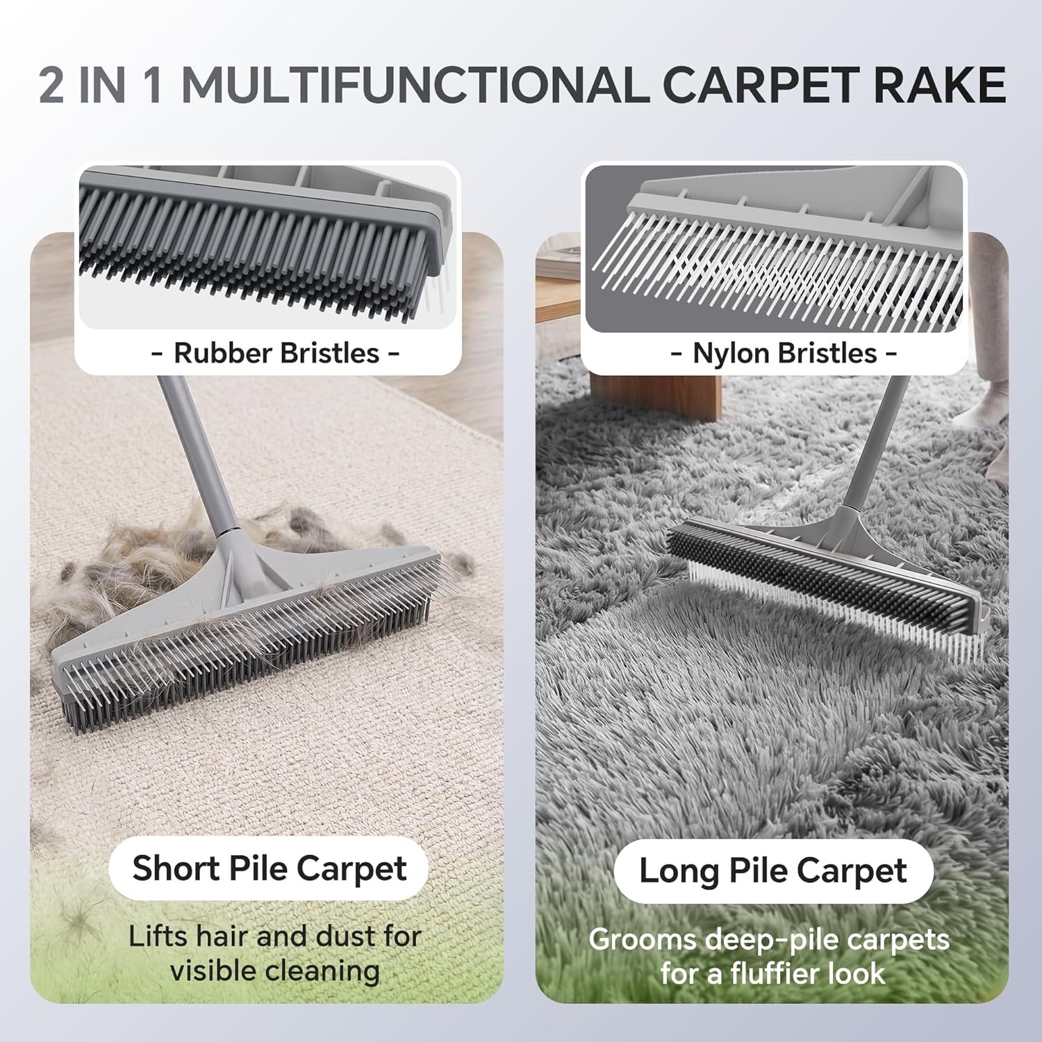 Carpet Rake for Pet Hair Removal, 2 in 1 Rug Rake to Fluff Carpet with Nylon …