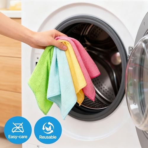 Microfiber Cleaning Cloth,12 Pack Cleaning Rags, Green/Blue/Yellow/Pink