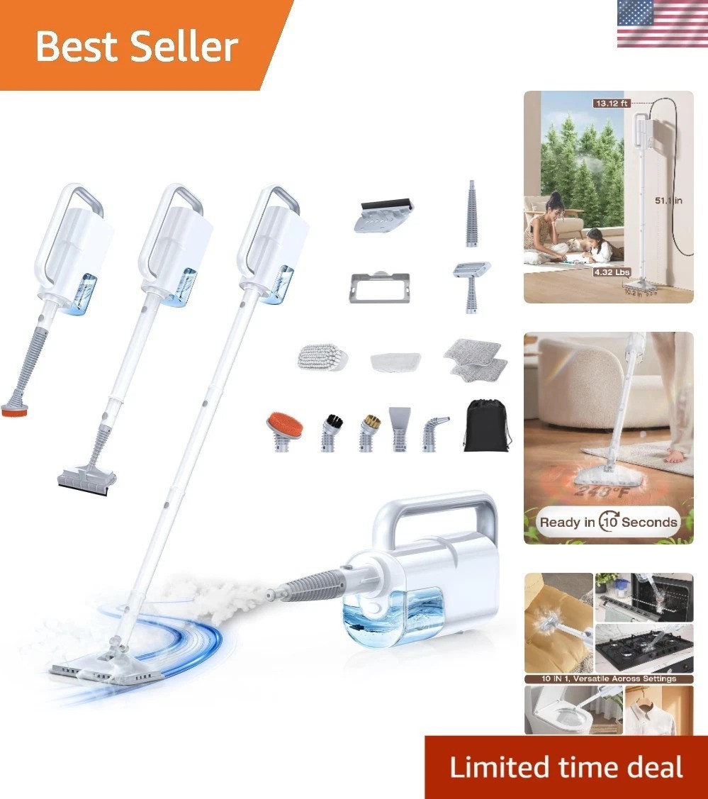 Multi-Surface 10-in-1 Steam Cleaner: 350ml Tank, 10s Heat-Up, Safety Features