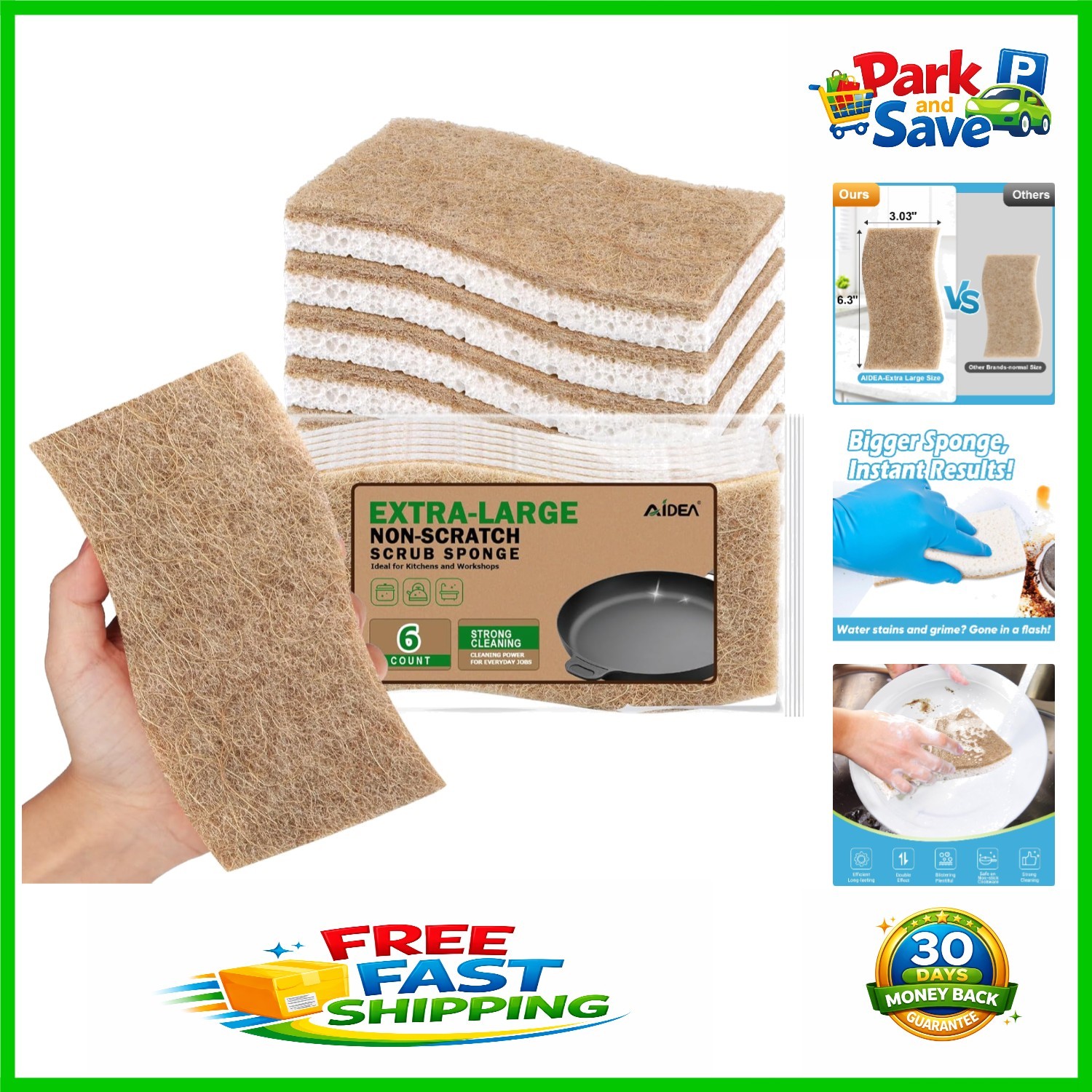 XL Non-Scratch Scrub Sponges – 6 Count Eco-Friendly Cellulose Kitchen Cleaning