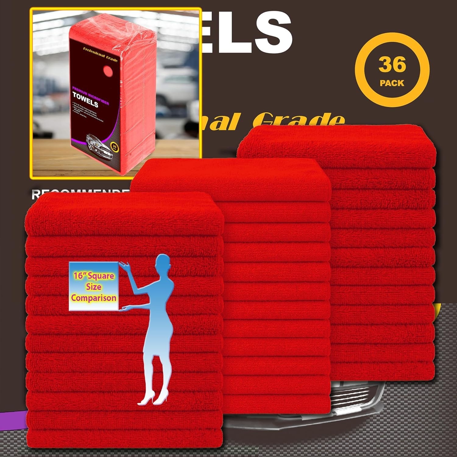 Microfiber Cleaning Cloths 36-Pack 16×16 inch Wash Towels 3 Dozen Car Rags Red