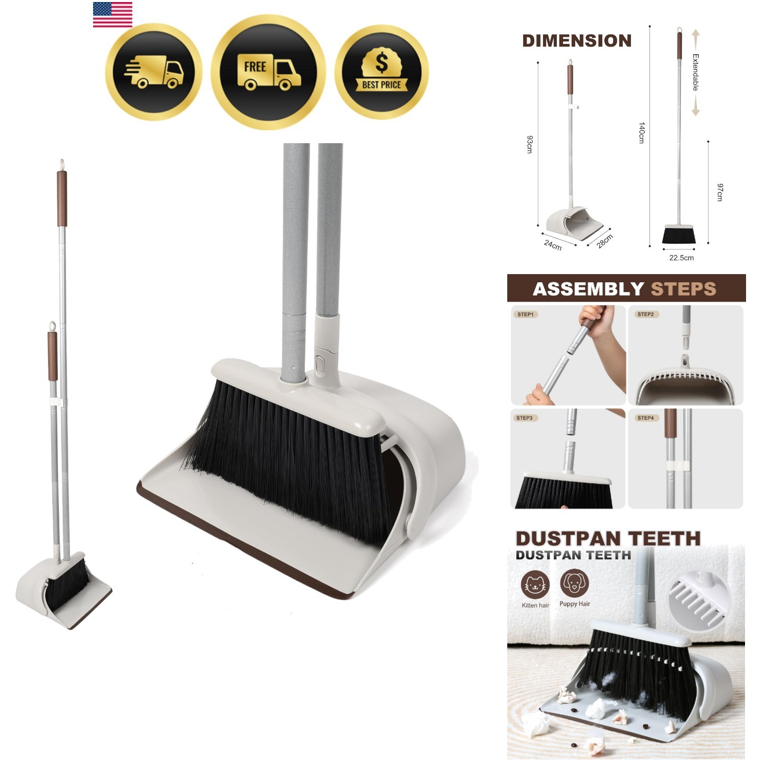 54″ Long Handled Broom and Dustpan Set – Perfect Dust Pan and Brush Combo for…
