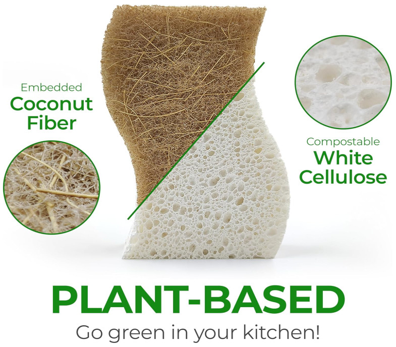 Natural Kitchen Sponge, Biodegradable Compostable Coconut Scrubber, 12 Pack