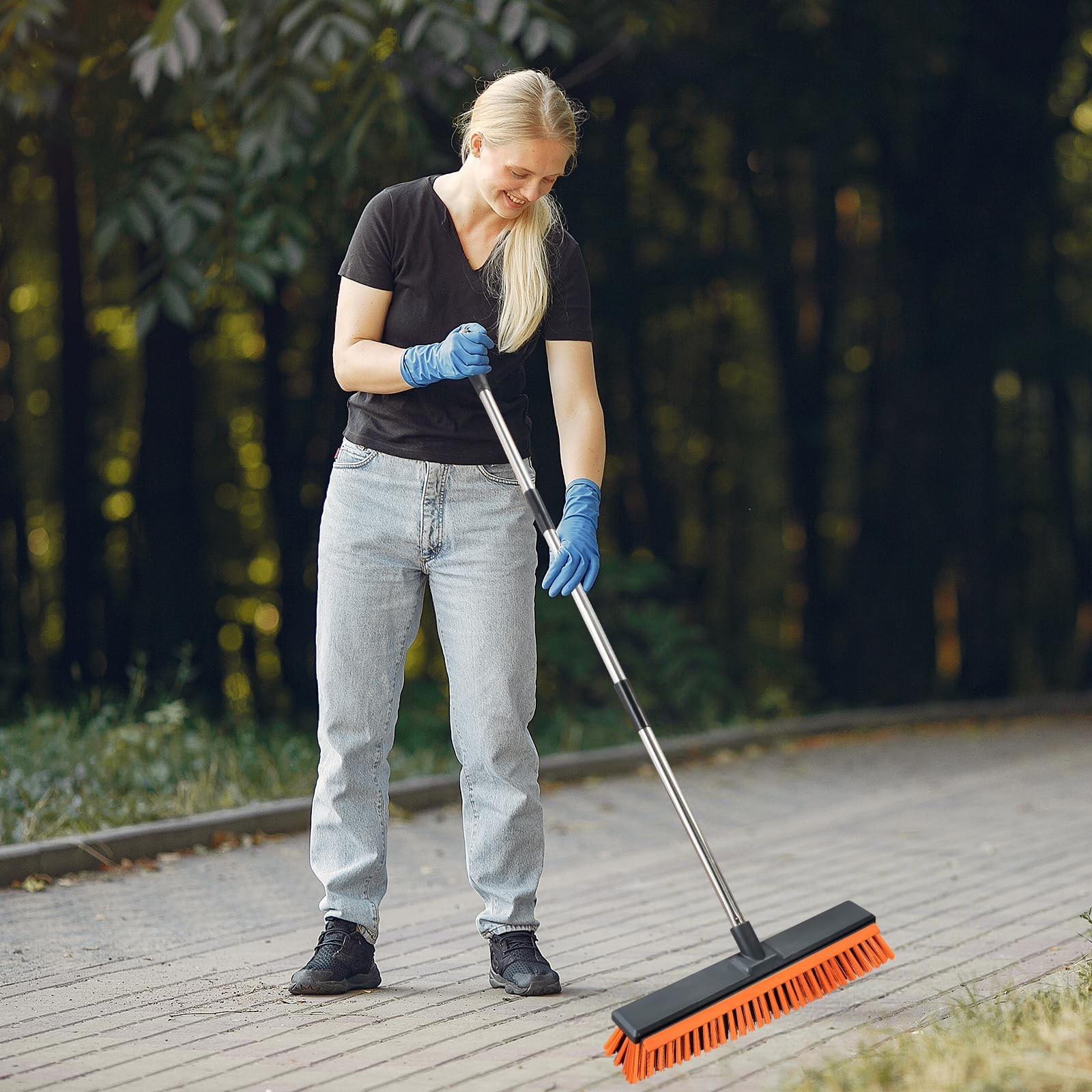 18″ Push Broom Outdoor with Squeegee,Heavy Duty Broom Brush with Handle,Stiff
