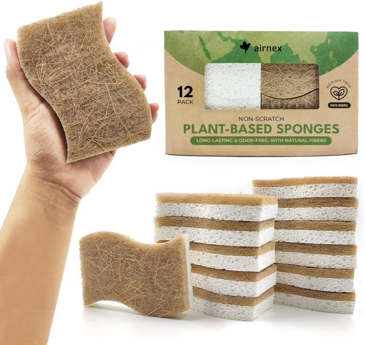 Natural Kitchen Sponge, Biodegradable Compostable Coconut Scrubber, 12 Pack