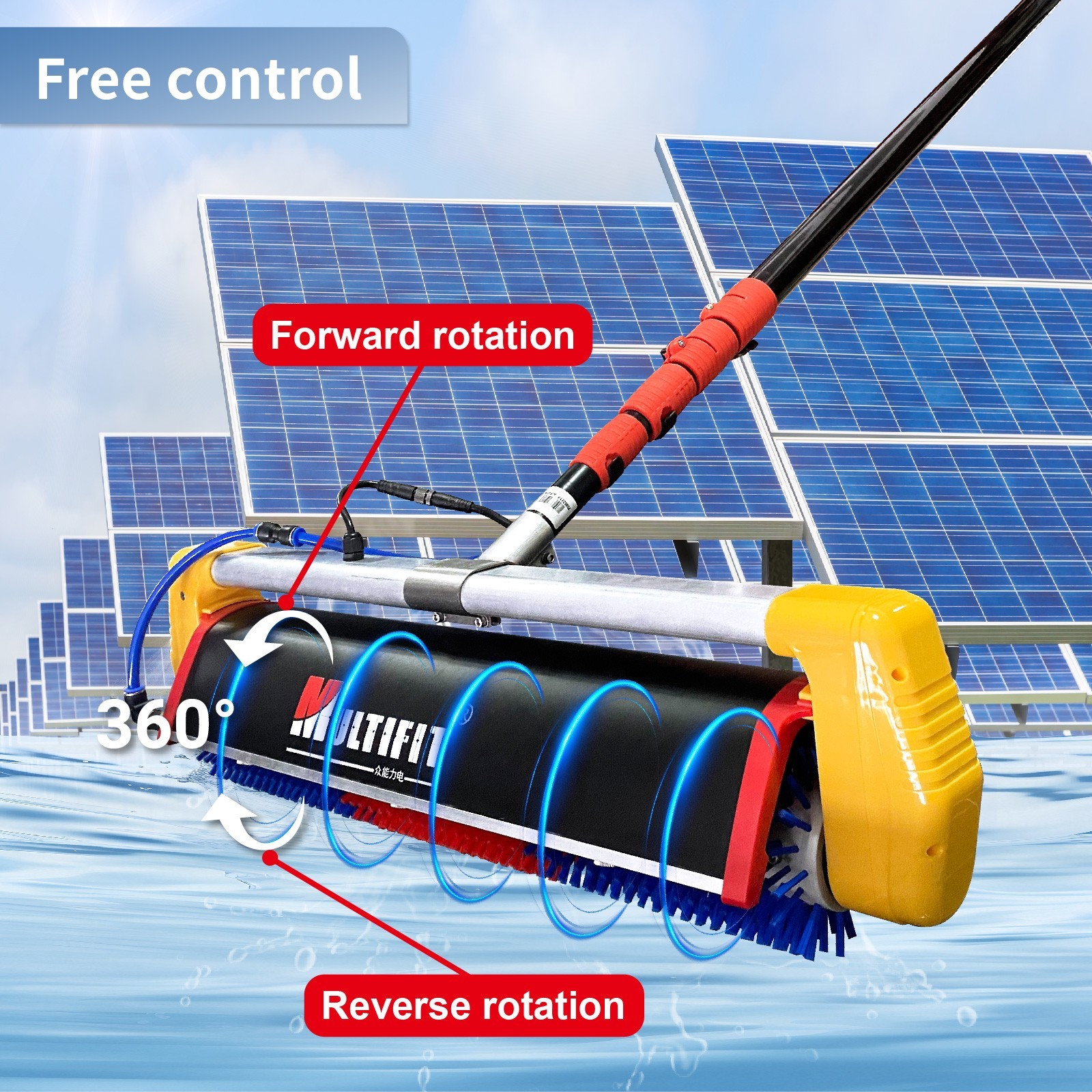 Solar Cleaning Roller Brush-18ft Water Fed Rod 360° forward and reverse rotation