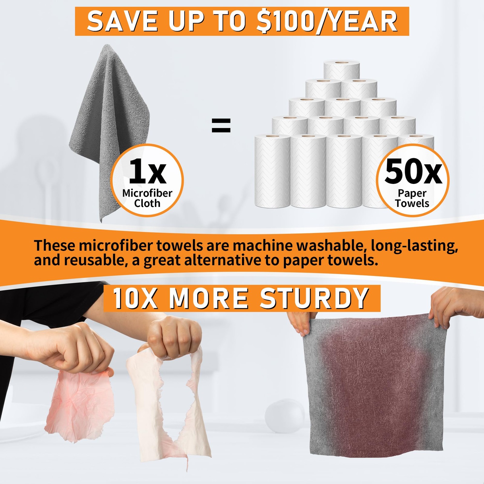 HOMERHYME Microfiber Cleaning Cloth Roll, 75 Pack Tear Away 75, Grey