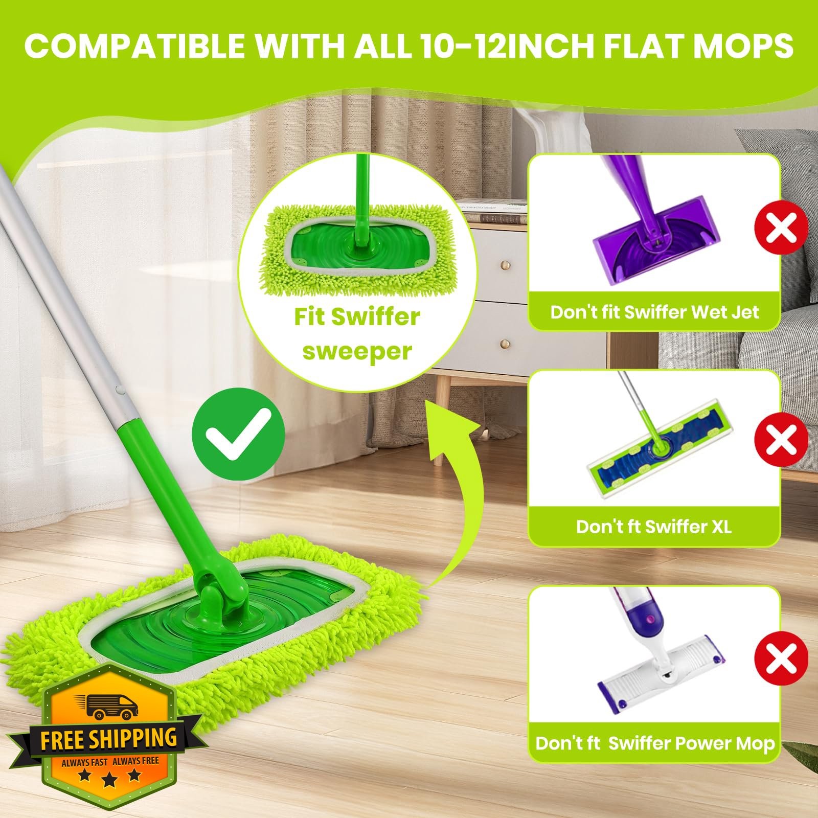 8pk Chenille Mop Refills 10″-12″ Microfiber Pads Washable Dry Wet Hardwood