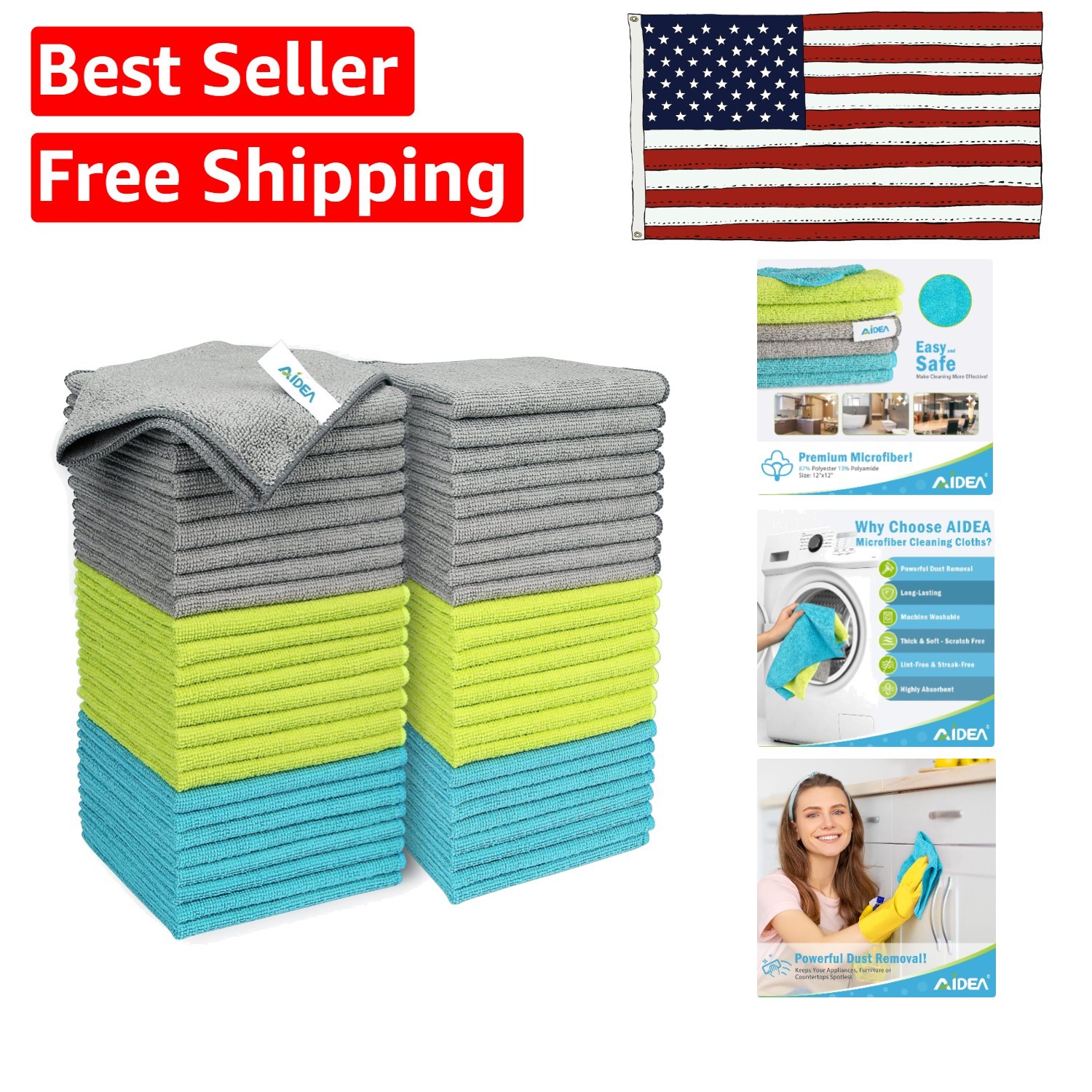 Multi-Colored Microfiber Cleaning Cloths – 50PK, 12×12 for All Surfaces
