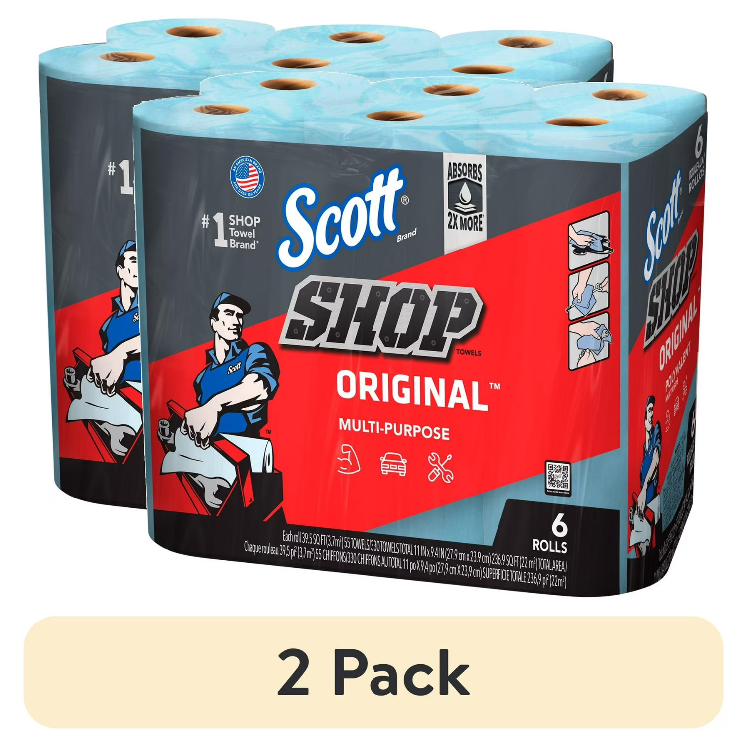 (2 Pack) Scott Shop Towels Original, 6 Rolls, 55 Sheets Per Roll, Multi-Purpose