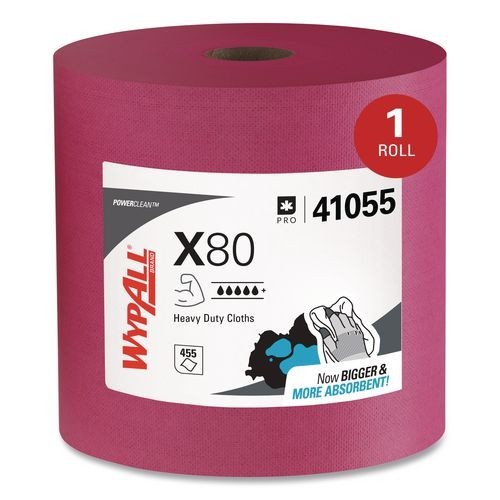 WypAll X80 Heavy Duty Cloths, Jumbo, Perforated,12.4×12.2, Red, 455 Wipers/Roll