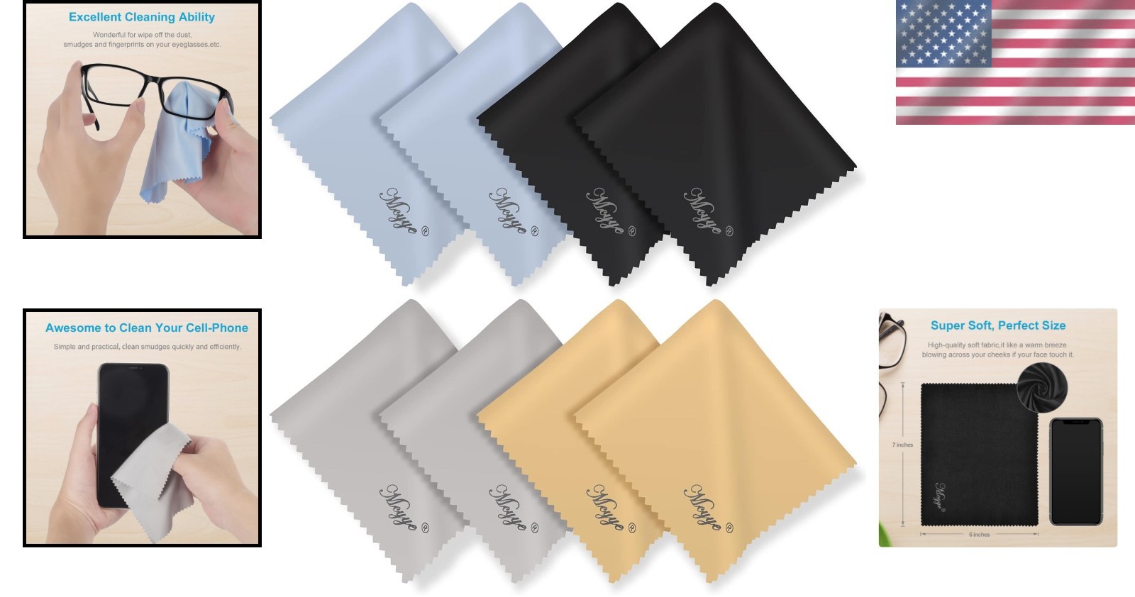 8 Individual Wrapped Microfiber Cloths 6×7” – Screen Wipes for Eyeglasses & More