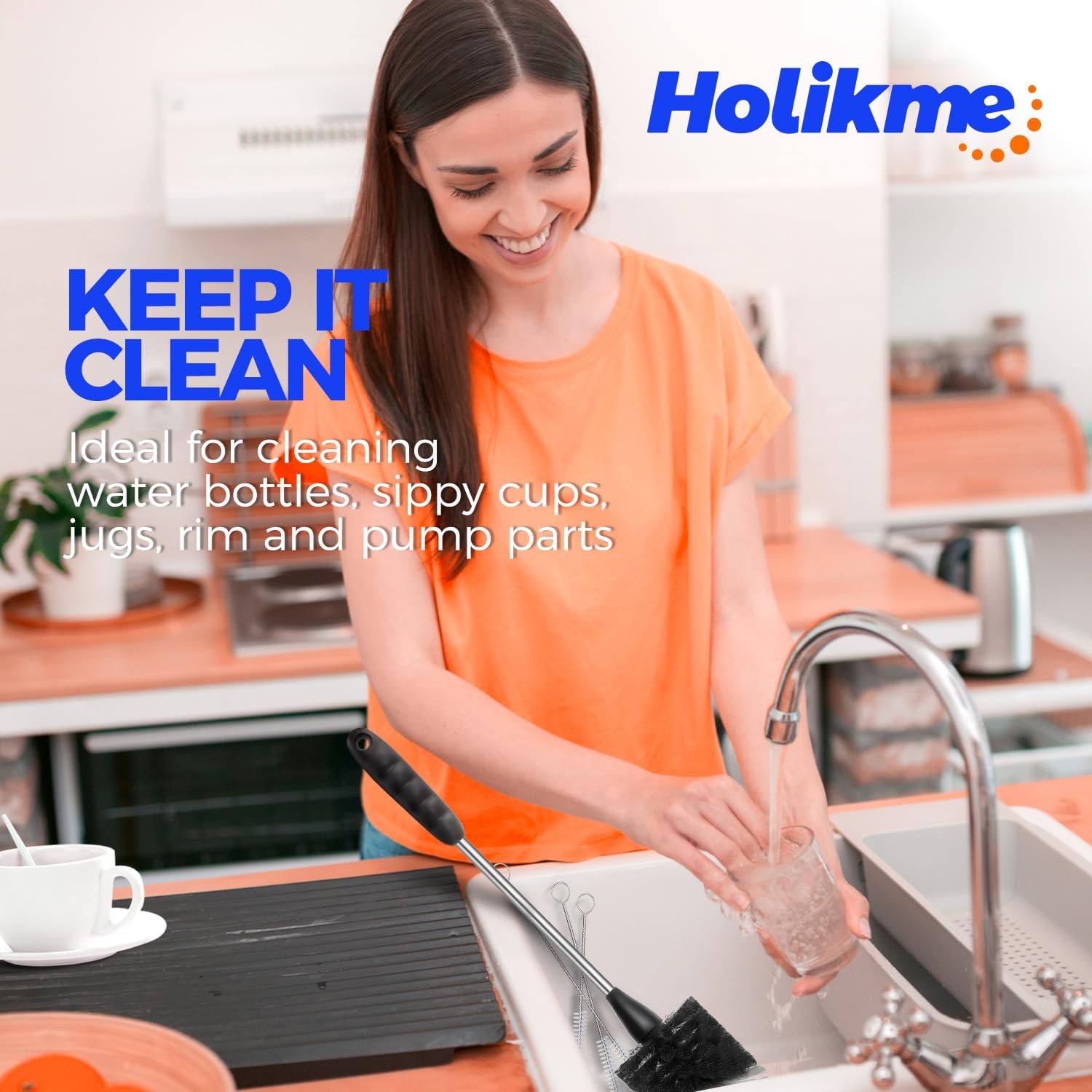 Holikme Bottle Brush Cleaner Set, 14″ Long Handle Stainless 4Pack, Black