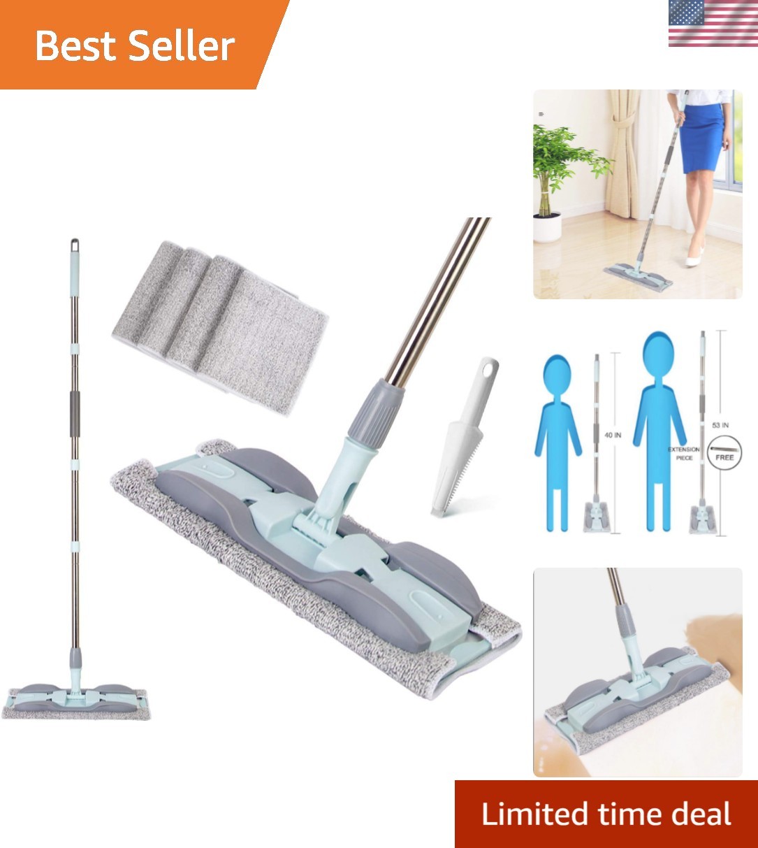 2-in-1 Microfiber Mop for Wet & Dry Use, 15-Inch with 4 Washable Pads, Adjust…