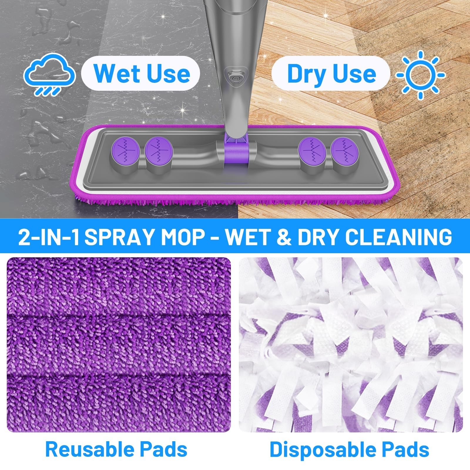 Spray Mop for Floor Cleaning – Wet Dry Mop with 4 Pads, 500ml Bottle, Pet Hair &