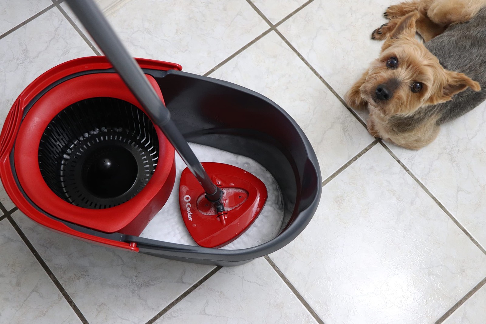 Microfiber Spin Mop & Bucket Floor Cleaning System + 2 Extra Refills, Red/Gray