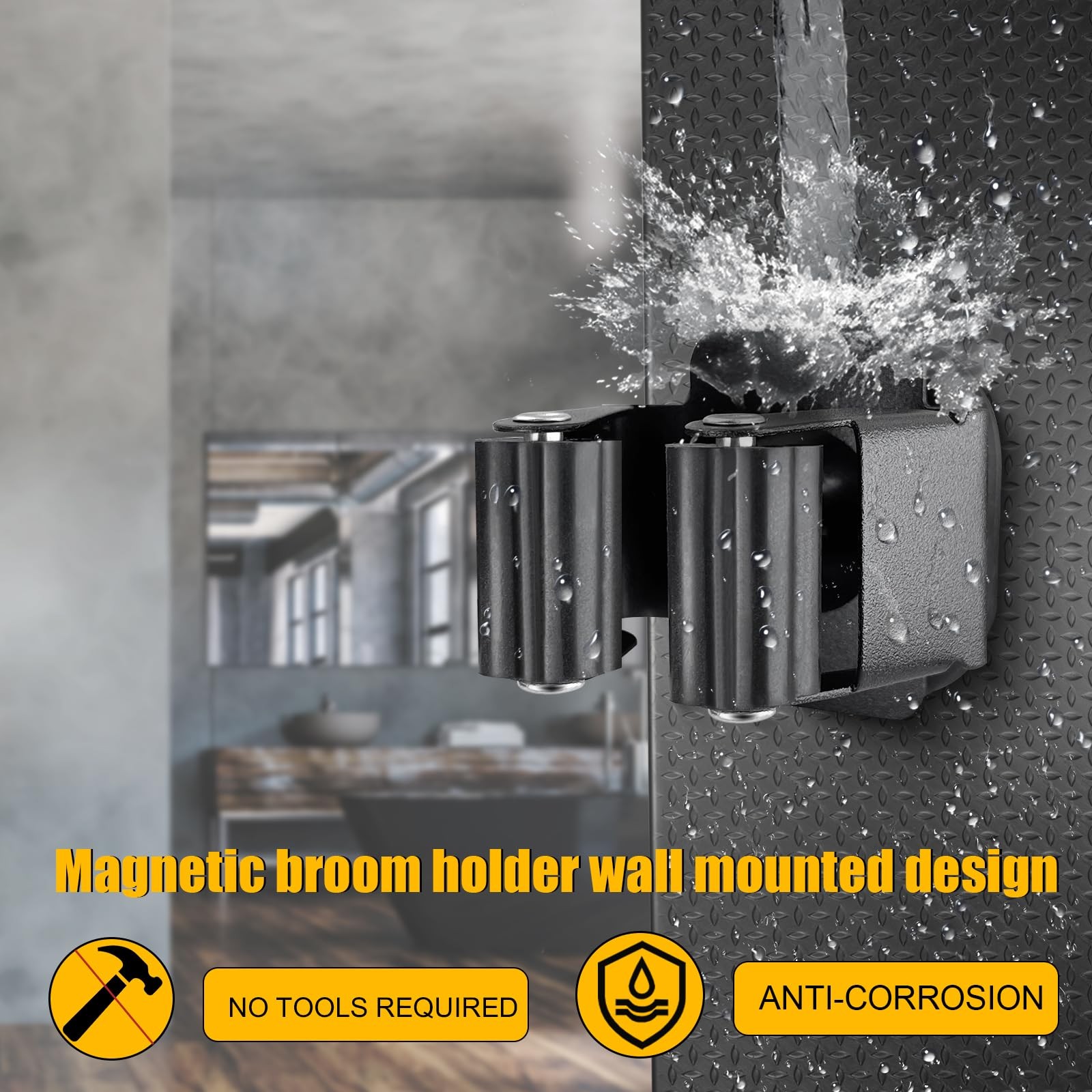 MagitcSee Upgraded Magnetic Broom and Mop Holder Wall 4 Pcs, Black-8 Magnets