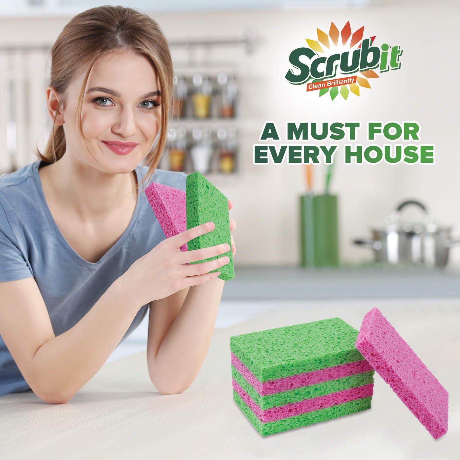 SCRUBIT Cellulose Scrub Sponge – Kitchen Cleaning Sponges for Dishes, Pans, P…