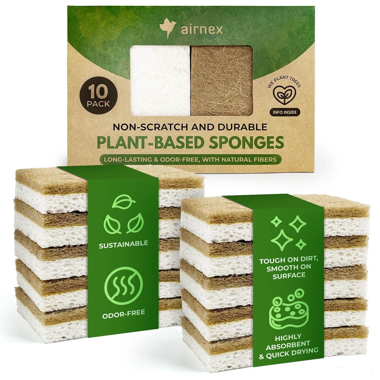 Eco-Friendly Kitchen Sponges 10 Pack – Biodegradable Cellulose & Coconut Scrubbe