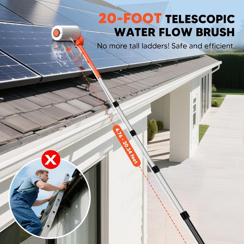 Electric Solar Panel Cleaning Brush: 20FT Adjustable Water Fed Pole Solar Kit
