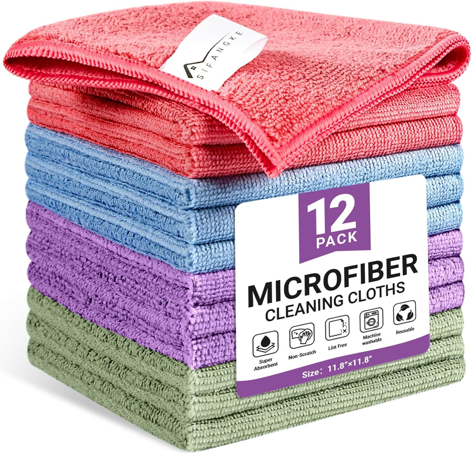 Microfiber Cleaning Cloth, 12 Pack Assorted Color Cleaning Rags for Housekeep…