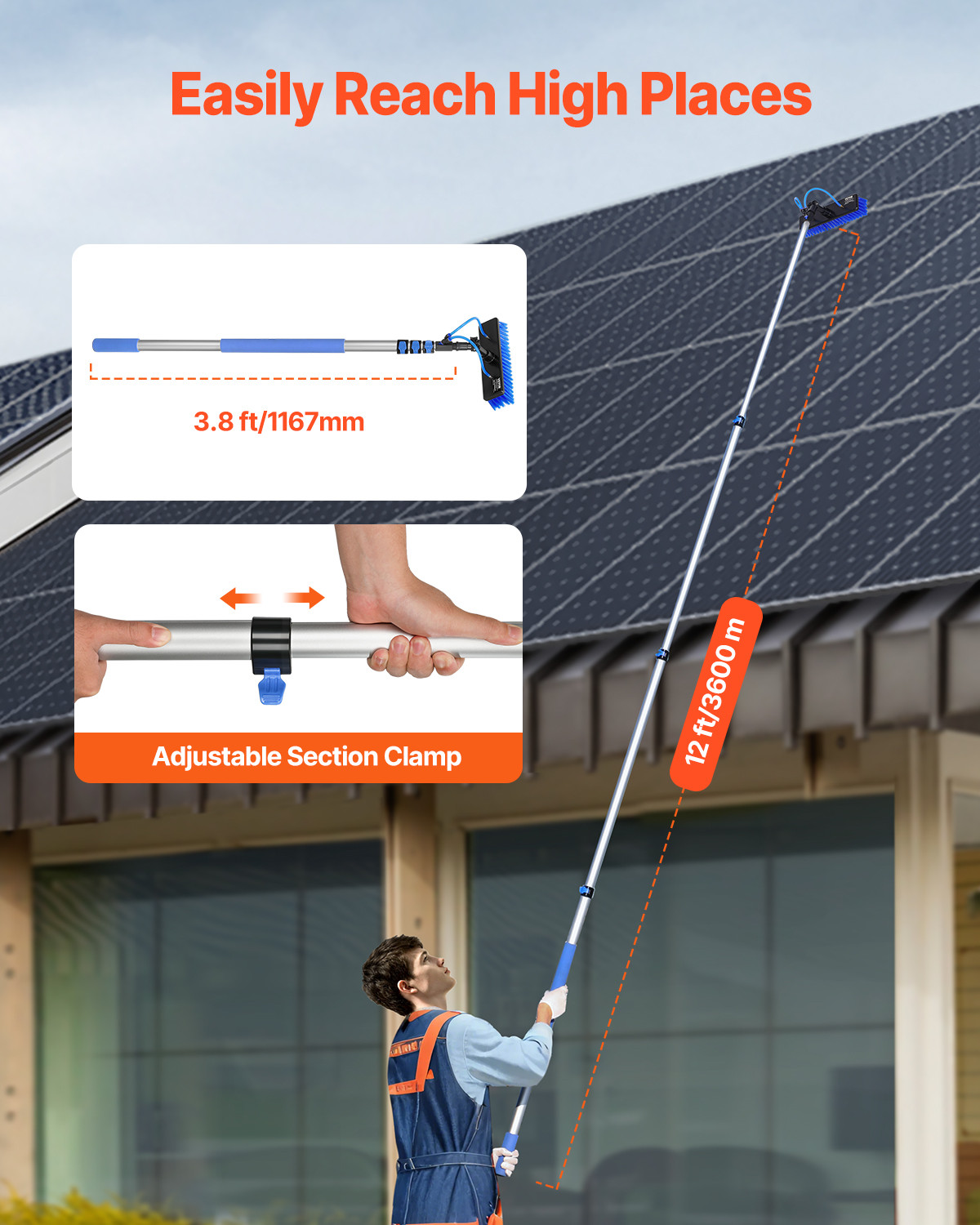 Water Fed Pole Kit 12FT Solar Panel Cleaning Pole 180° Rotatable Brush Head