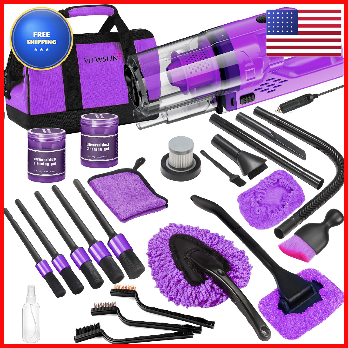 Viewsun 17Pcs Car Cleaning Kit Purple Car Interior Detailing Kit High Power
