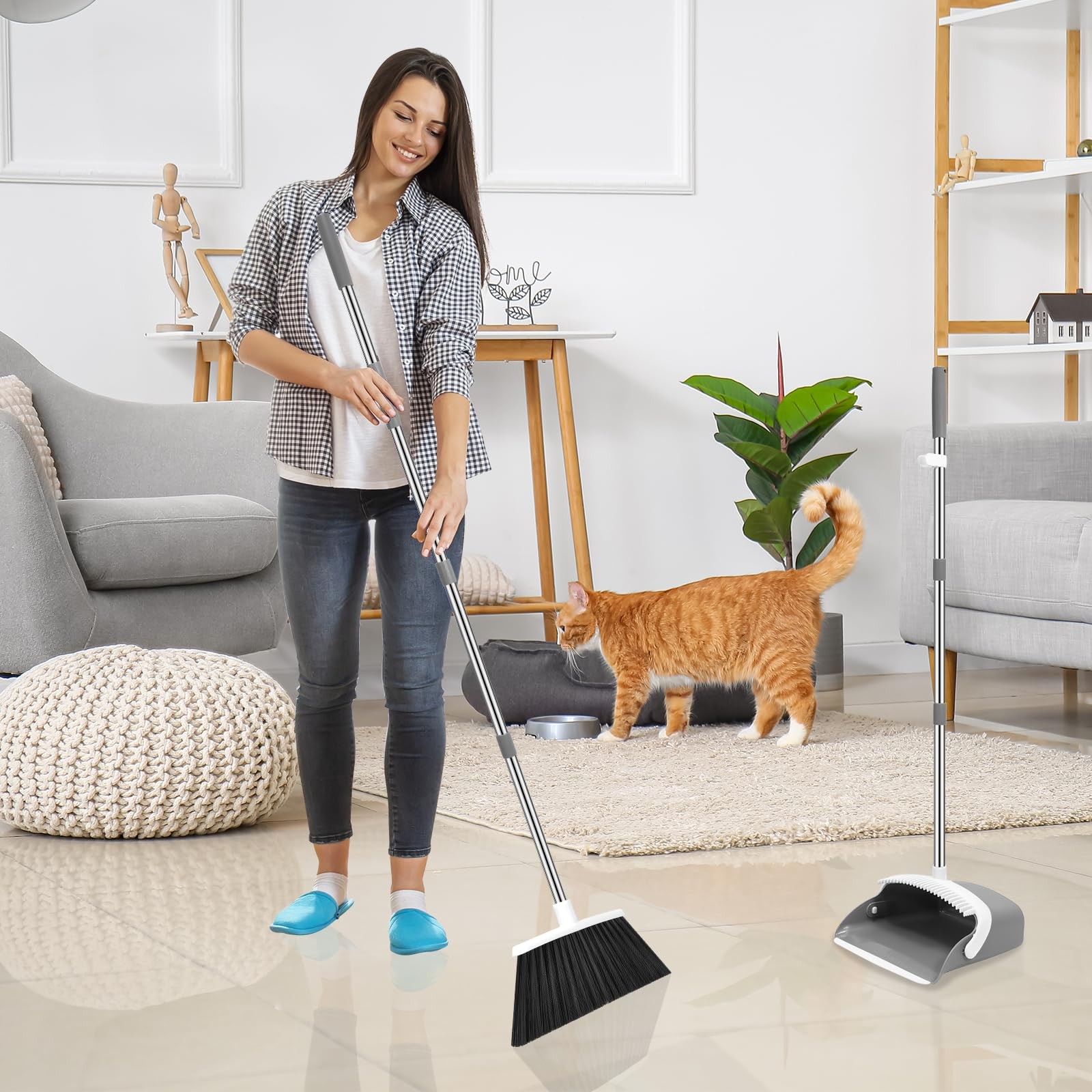 NACENA Broom and Dustpan Set, 52-in Long Adjustable Handle 2 Pack, Grey White