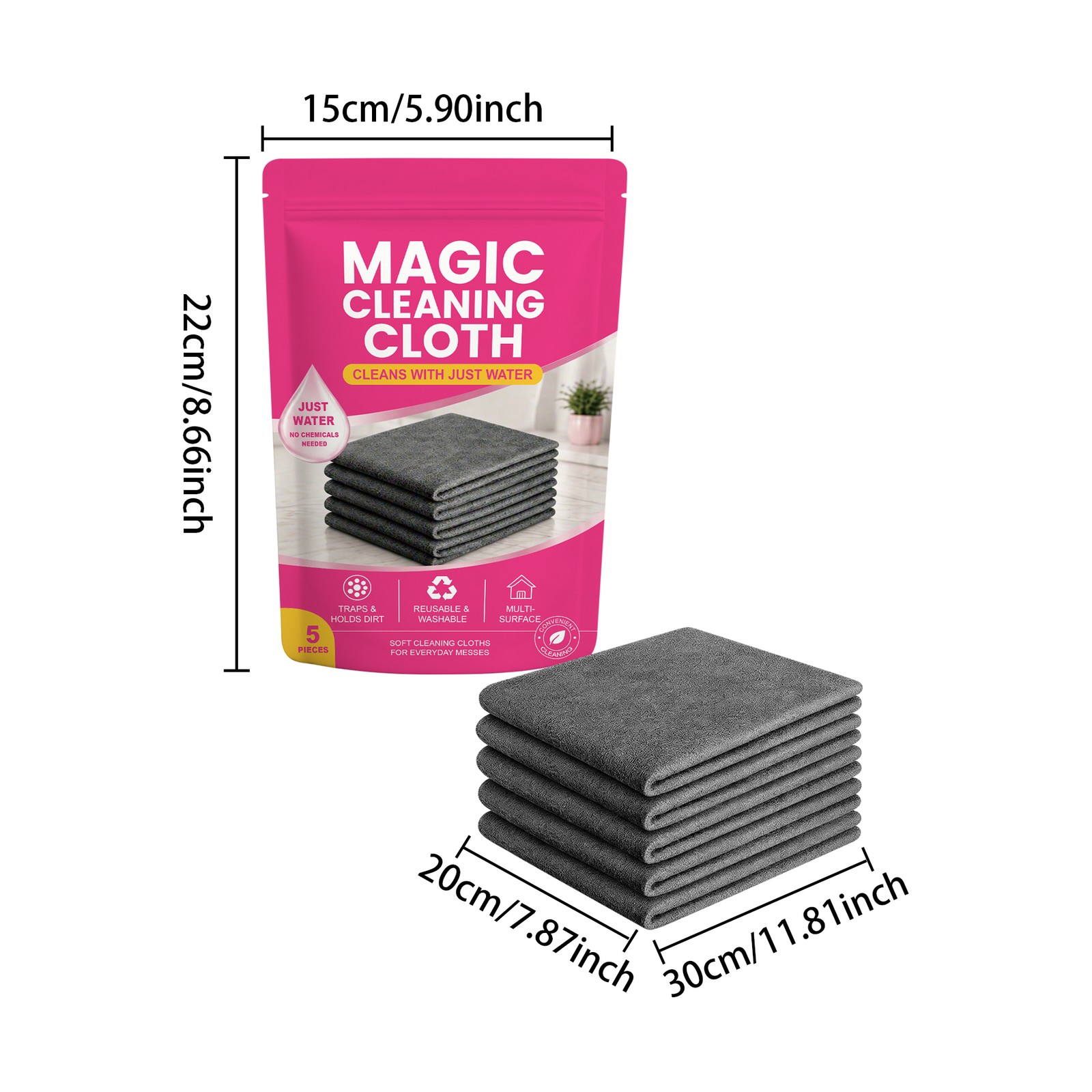 Magic Cleaning Cloth 5Pack Thick Microfiber Streak‑Free for Window Kitchen Reuse