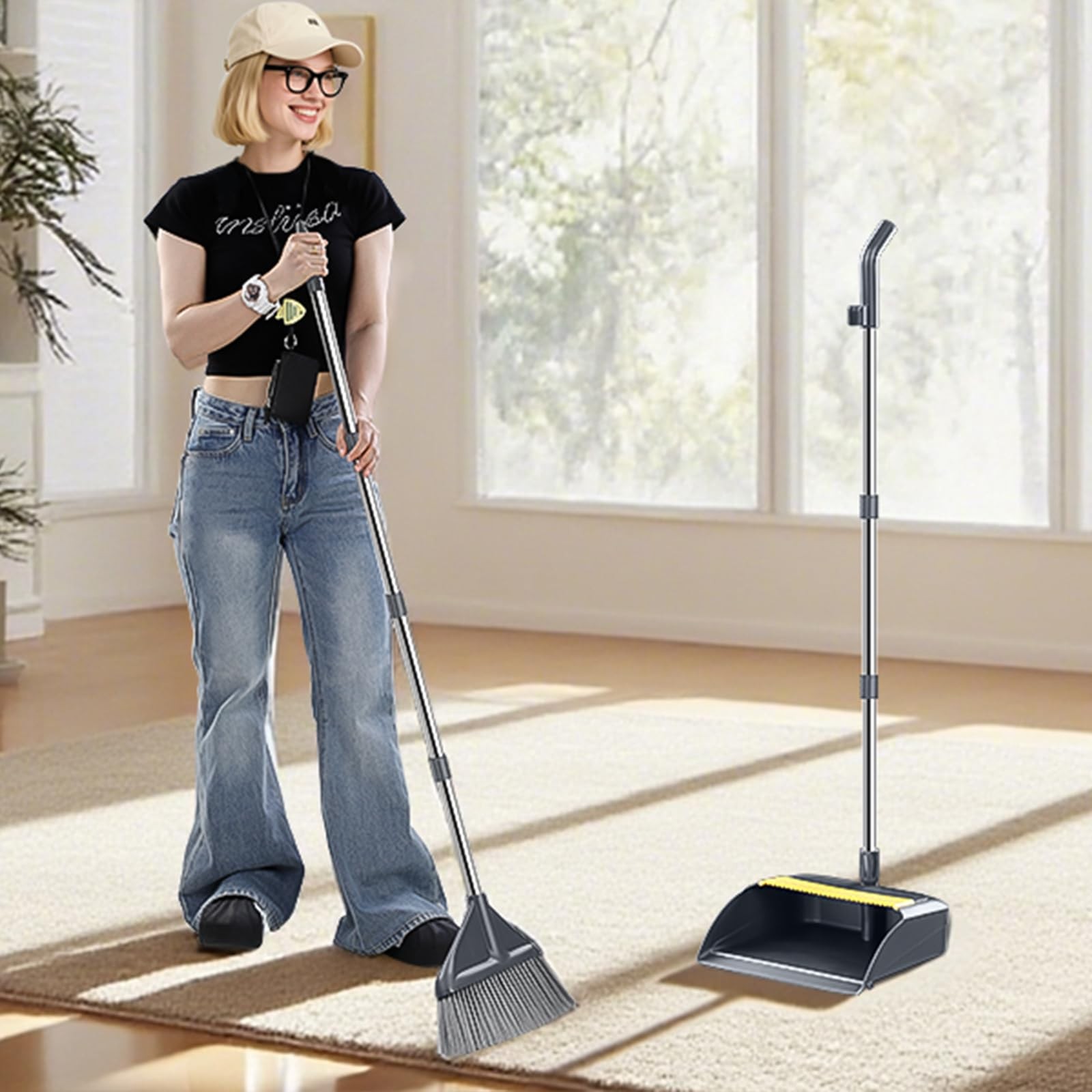Broom and Dustpan Set for Home with 52 Inch Long Angled Handle – Stand White