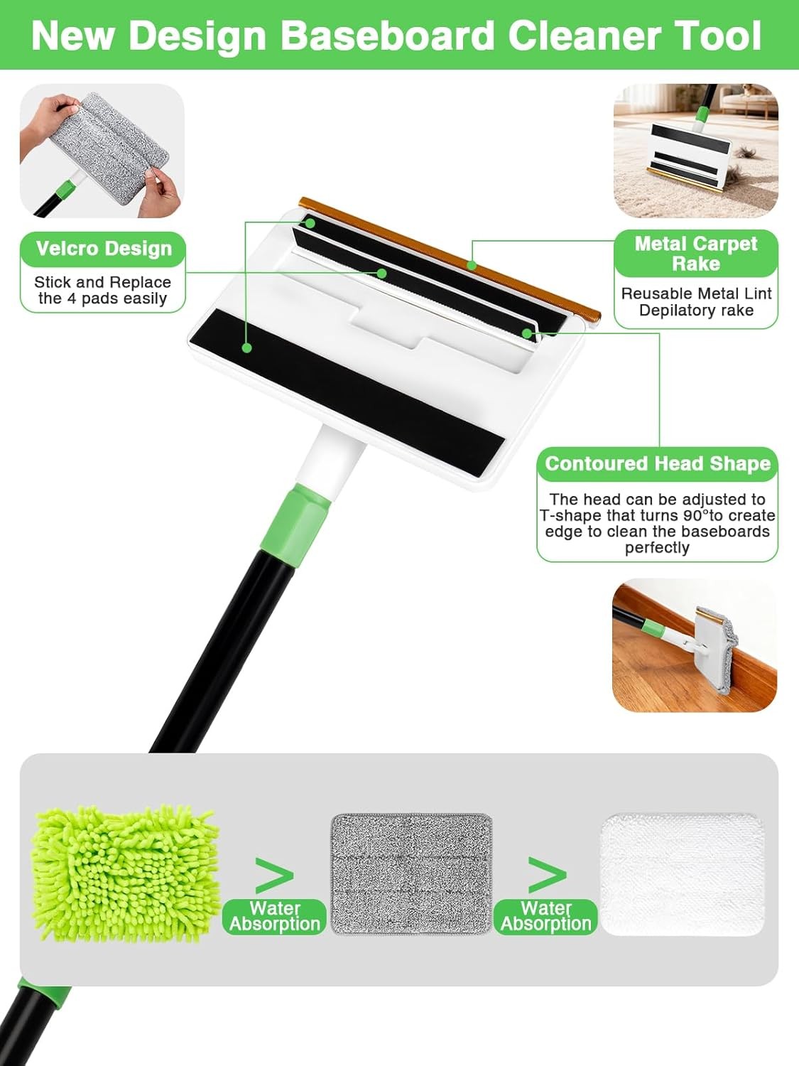 4in1 Baseboard Cleaning Tool with Handle 5 Reusable Pads 1 Stiff Bristle Brush C