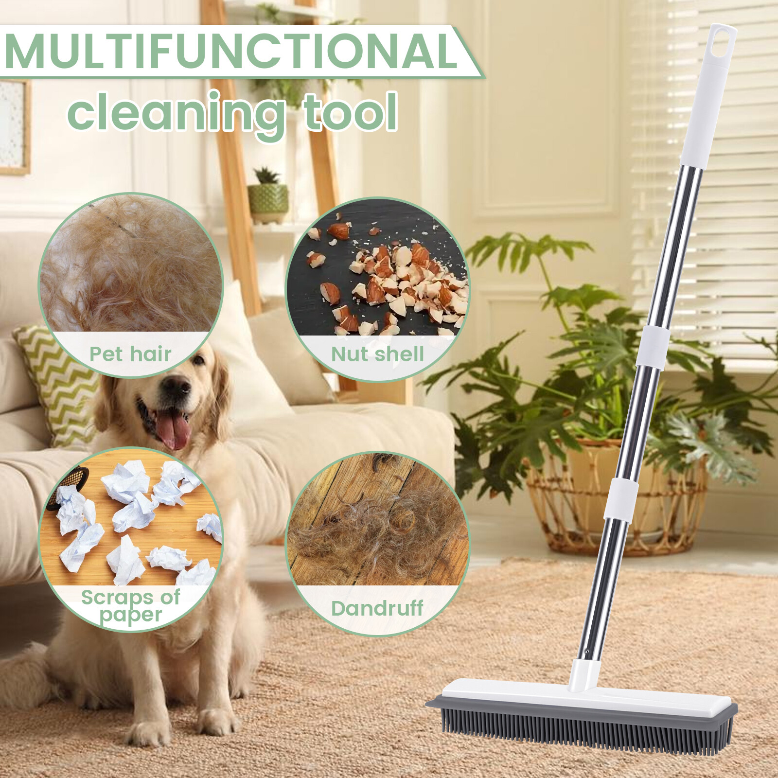 Rubber Silicone Broom Pet Hair Remover, with Telescoping Handle 31 in to 58 inch