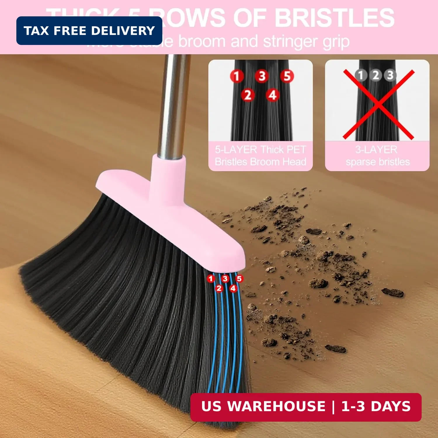Pink Broom and Dustpan Set for Home, 52-in Long Handle Broom with Dustpan Combo
