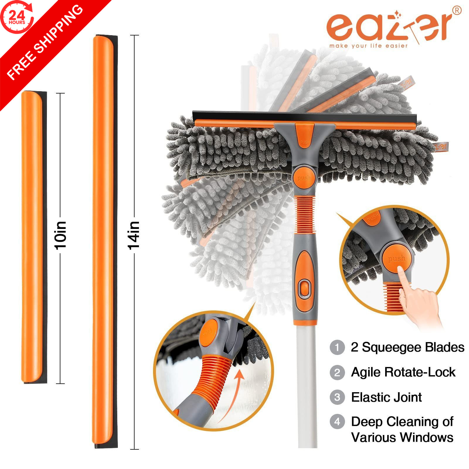 Eazer 89” Squeegee Window Cleaner 2 in 1 89inch, Orange, Gray, Silver