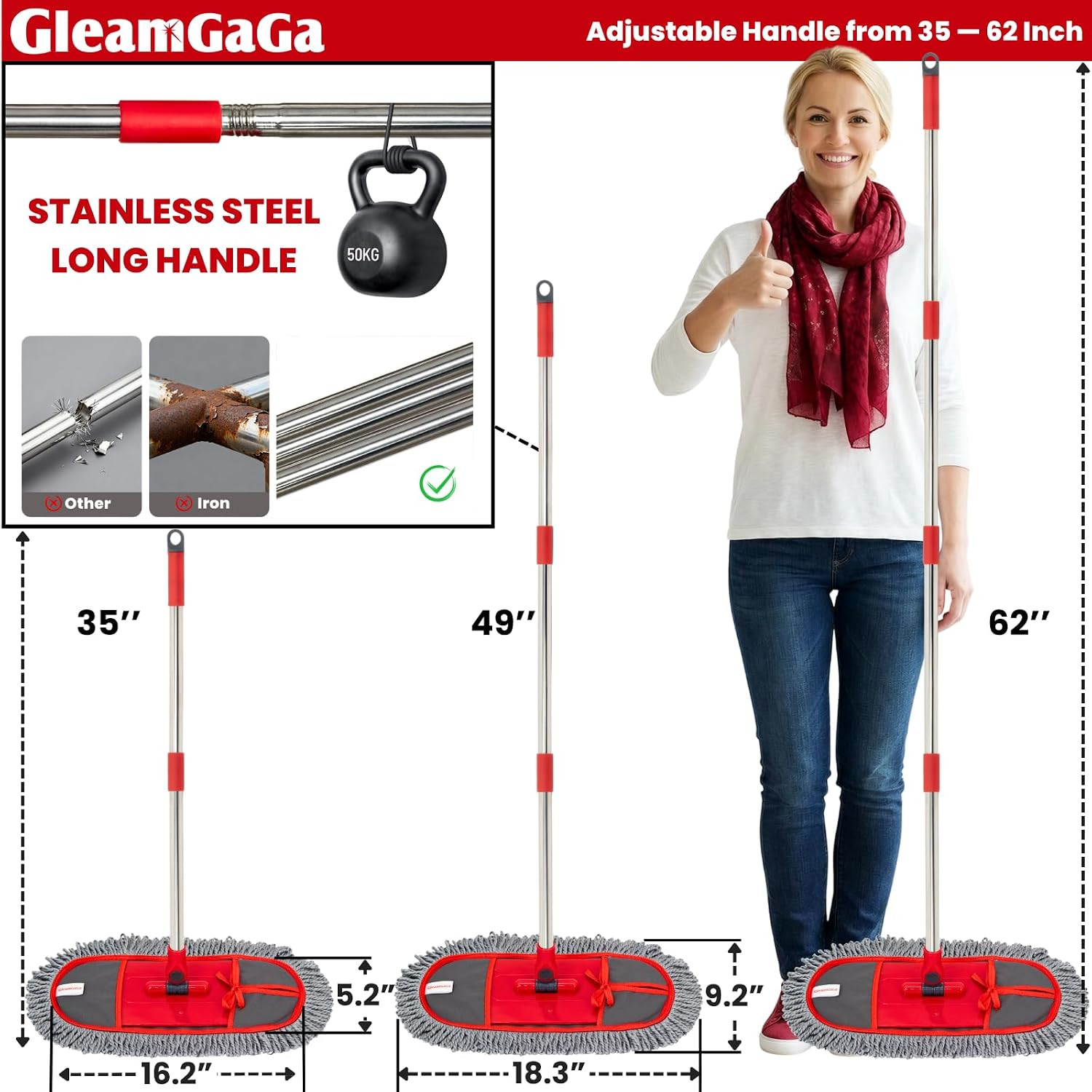 Dust Mop for Floor Cleaning with 3 Washable Pads, 14.4” × 5.1” Flat Mop Head, 62