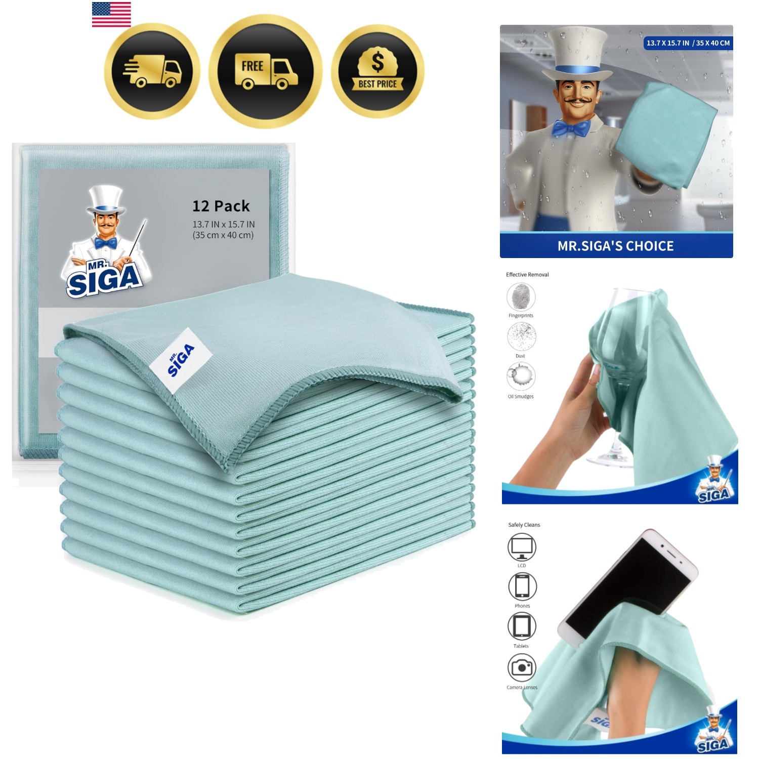 Ultra Fine Microfiber Cloths for Glass, Pack of 12, 35 x 40cm 13.7″ x 15.7″