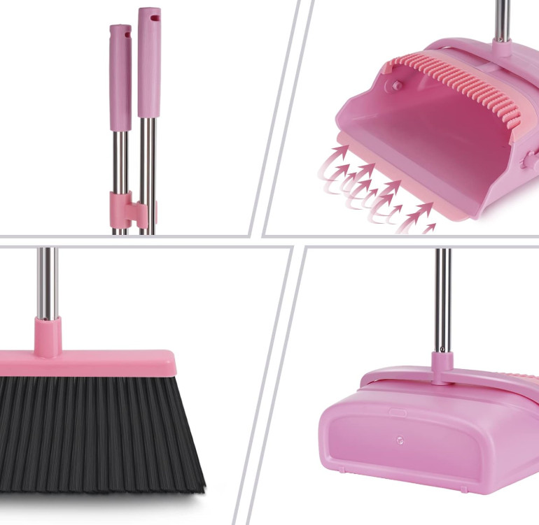 Escoba y recogedor de pie rosa para casa oficina interior y exterior limpieza