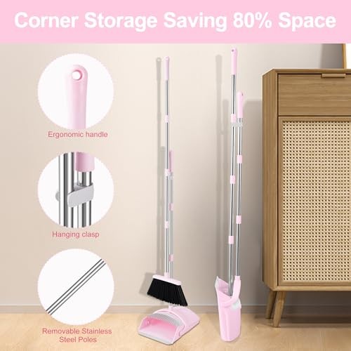 Pink Broom and Dustpan Set, 52-in Handle Broom Dustpan Combo Set Pink&grey