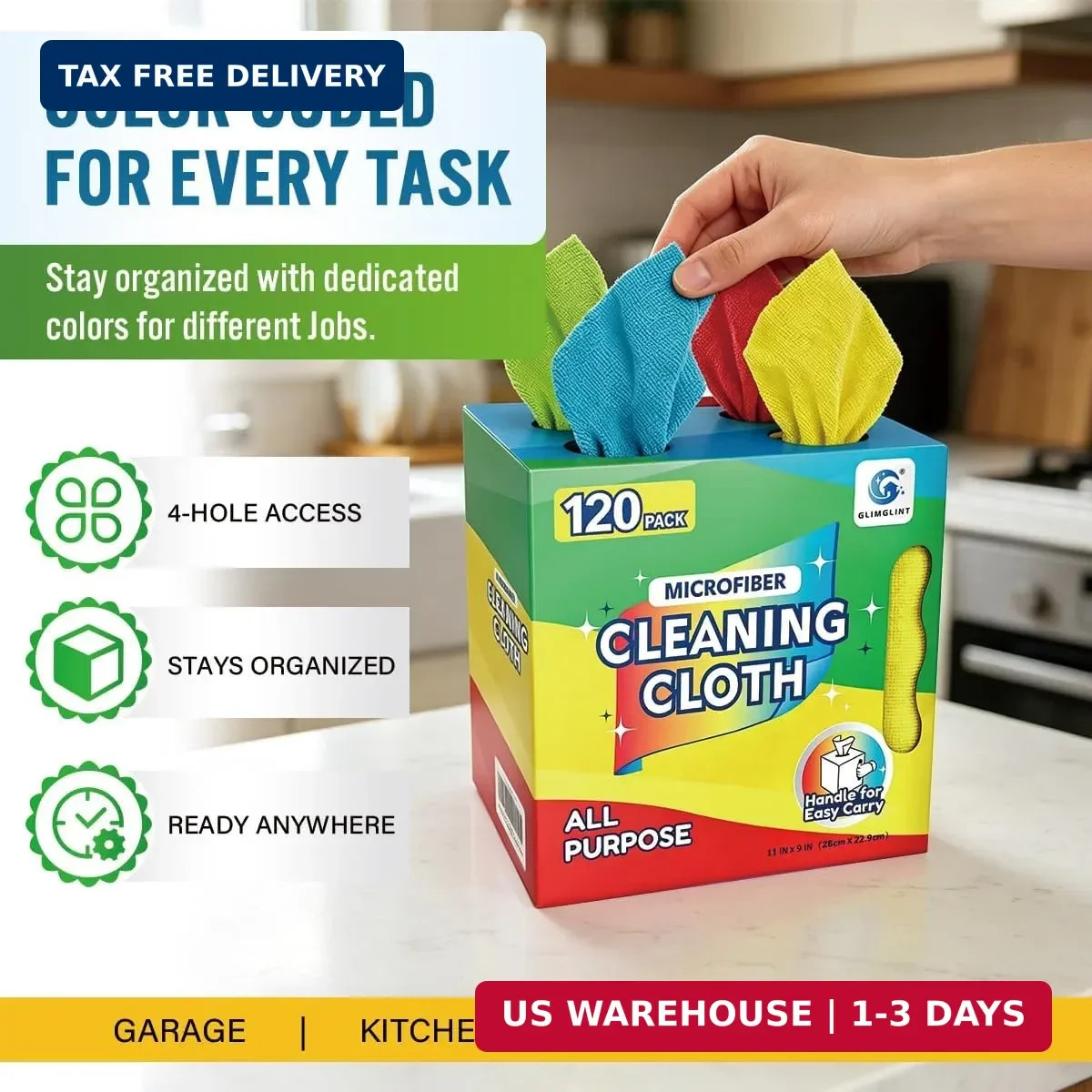 GLIMGLINT Microfiber Cleaning Cloth 120 Pack, Reusable Paper Towels with Dispens