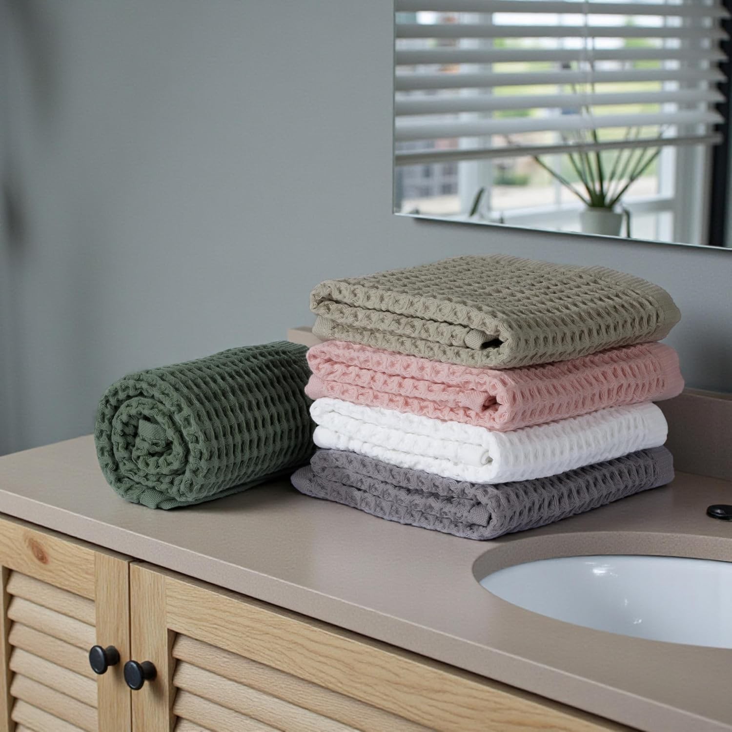 Organic Cotton Waffle Turkish Hand Towels for Bathroom & Kitchen, Large 20×30